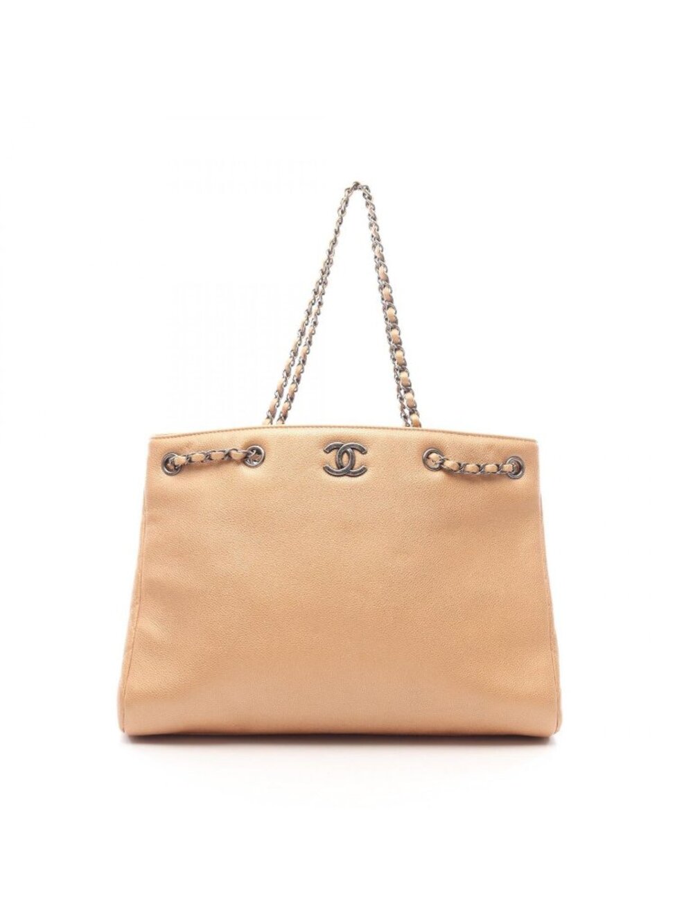Chanel Tote Bag CC Logo Antique Silver Gold Caviar Leather Chain